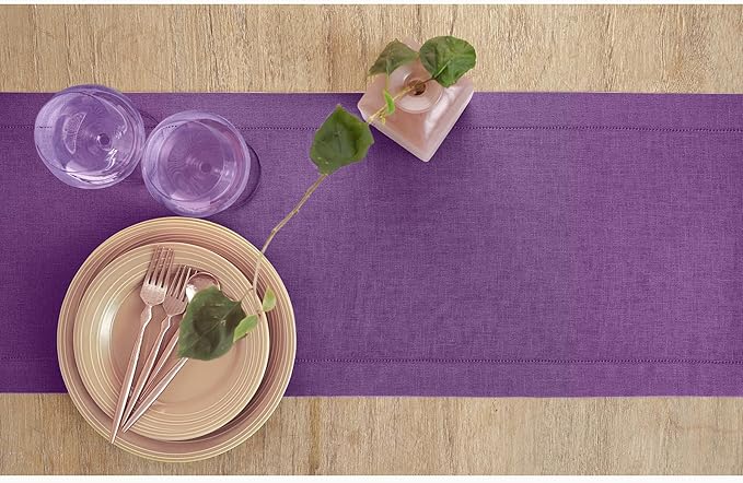 Solino Home Linen Purple Table Runner 108 Inches Long - 100% Pure Linen Hemstitch 14 x 108 Inch Table Runner for Dining, Valentines, Spring, Easter - Classic Hemstitch