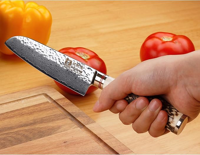 SUNLONG Santoku Knives 5 inch Japanese Hammered Damascus Natural Antlers Handle