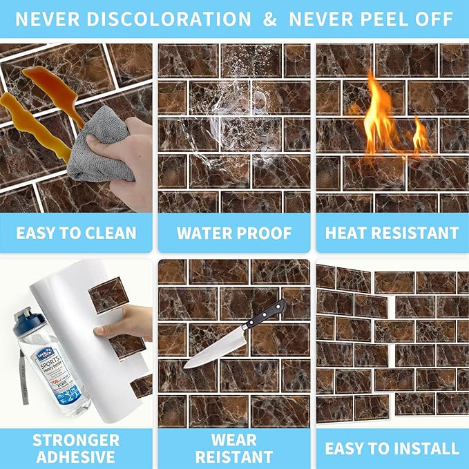 URCOLOR 10-Sheet Peel and Stick backsplash for Kitchen,12"x12" Self Adhesive Wall Tile on Back Splashes for Bathroom Brown Marble