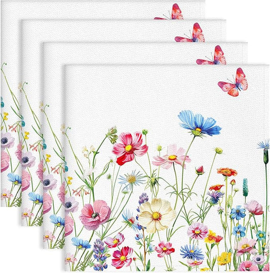 Wildflowers Floral Butterfly Print Cloth Napkins 100% Cotton, 18" X 18" Dinner Napkins Cloth Set, Washable Napkins for Home, Kitchen, Dinner, Party, Wedding, Cocktail, Set of 4