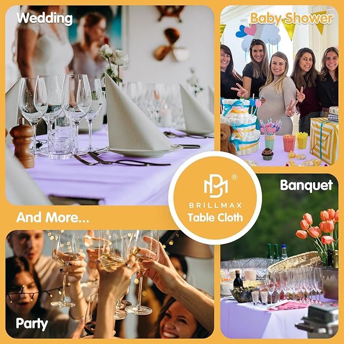 BRILLMAX 8 Pack Lavender Tablecloths 60 x 102 Inch for 6ft Rectangle Tables - 150 GSM Polyester Fabric, 15" Standard Drop, Water, Stain & Wrinkle Resistant Cloth Cover for Wedding Dining Buffet