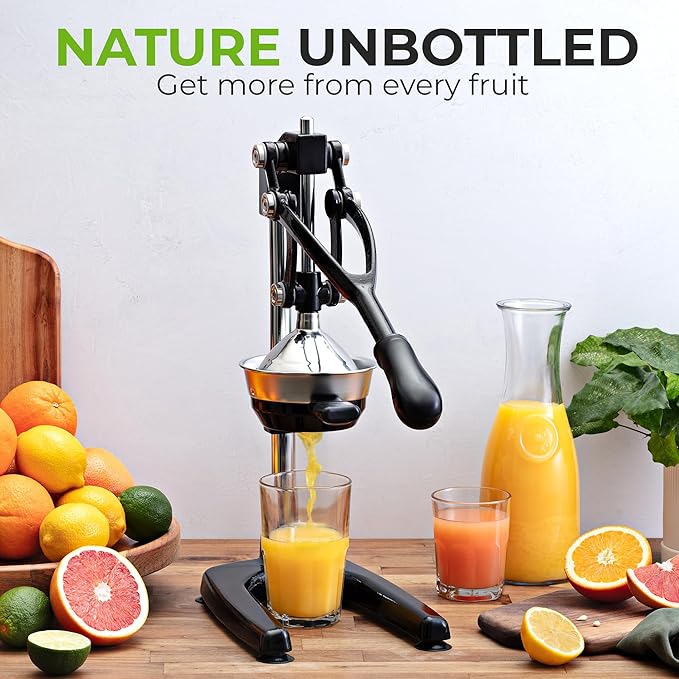 Zulay Kitchen 9 in 1 Cast Iron Juicer - Easy-to-Clean Heavy-Duty Manual Juicer with Presser Attachment to Juice All Types of Fruits! Extra Tall with Stainless Steel Bowl - Black