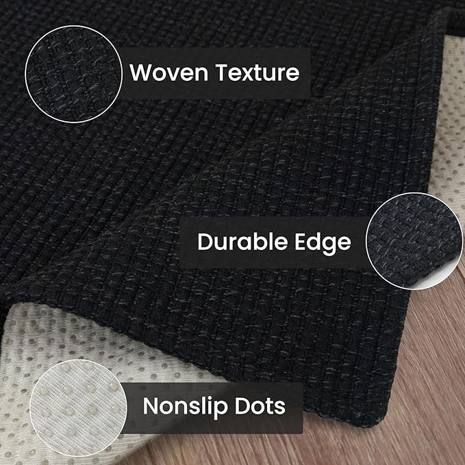IOHOUZE Washable Runner Rug 3x10 Non Slip Rubber Backed Long Hallway Runner Entryway Runner Indoor, Kitchen Rugs Woven Cotton Floor Carpet for Hall Entrance, Black/Grey