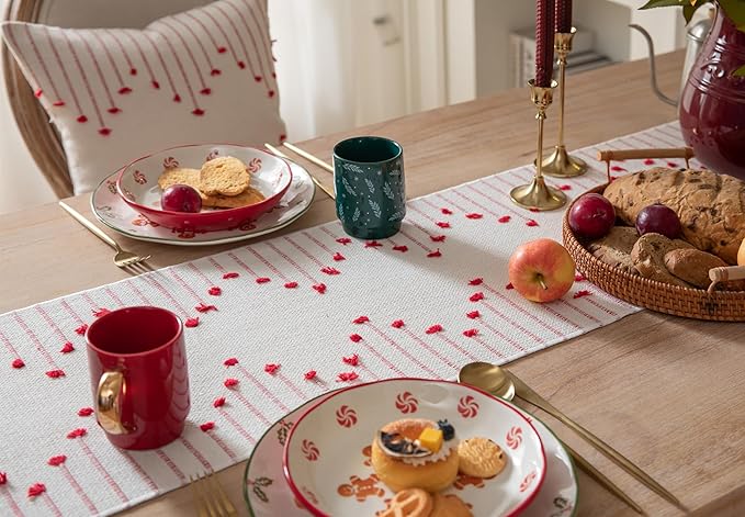 Valentines Table Runner 13 x 90 Inch Long Natural Cotton Woven Runner with Tassels for Home Dining Valentine's Day Decorations, for Modern Farmhouse Holiday Boho Table Runner, Red and Beige
