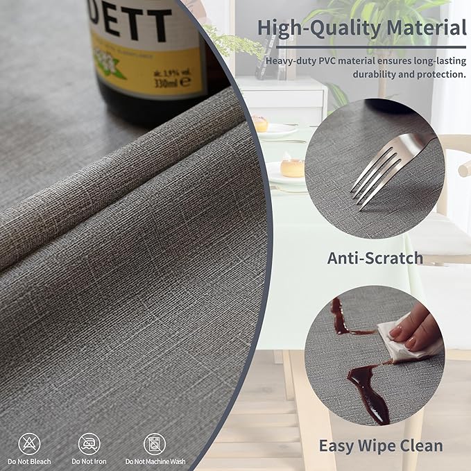 Rectangle Table Cloth,100% Waterproof Tablecloth Oil Proof Spill Proof Vinyl Table Cloth, Wipe Clean Plastic Table Cover for Dining, Camping, Indoor and Outdoor 54" x 102",Grey
