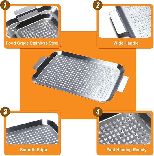 COOK TIME Grill Pan Set of 2, BBQ Grill Topper for Outdoor Grill, Stainless Steel Grilling Baskets with Holes and Handles, Perforated Food Tray Barbecue Accessories for Vegetable, Fish, Large