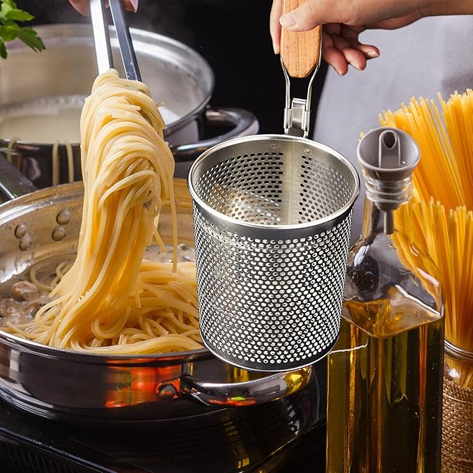 Tessco for you 6 Pcs Stainless Steel Pasta Basket with Wood Handle Pasta Strainer Kitchen Mesh Spider Noodle Strainer Skimmer Food Dumpling Noodle Blanching Basket(4.7 Inch,Light Wood Color)