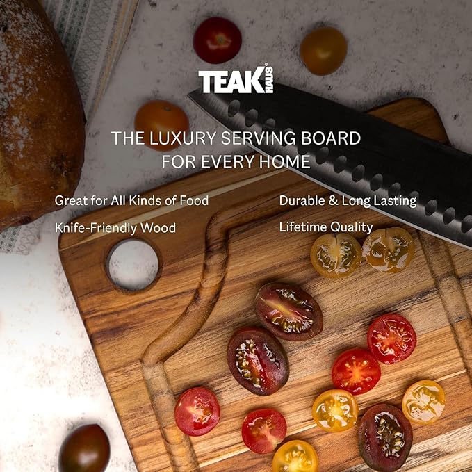Teakhaus Marine Cutting Board with Juice Groove - Small Square Bar Cutting Board with Corner Hole - Reversible Teak Edge Grain Wood - Knife Friendly - FSC Certified - 4-pack