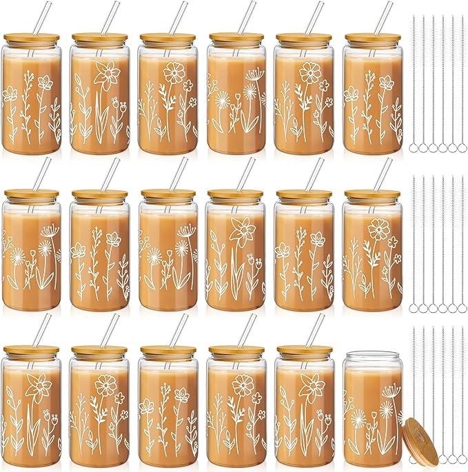 Mumufy 18 Pack Wedding Favor Glass Tumblers Boho Floral 16oz Iced Coffee Cups with Bamboo Lids and Straws Elegant Drinkware for Wedding Reception and Welcome Drinks