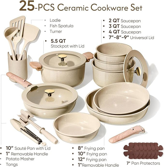 CAROTE 25PCS Ceramic Cookware Set, Pots and Pans set Non Stick, RV Kitchen Cooking Set Removable Handles, Oven Safe, Induction Cookware, Non-toxic Kitchen Cooking Set, PFAS and PFOA Free
