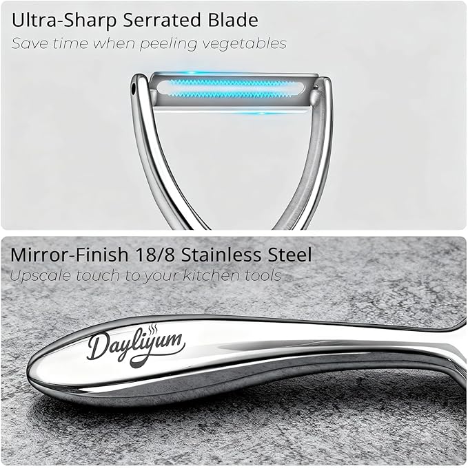 Vegetable Peeler with Ergonomic Handle, Premium 18/8 Stainless Steel Potato Peeler, Ultra Sharp Serrated Blade Peeler for Veggie, Carrot, Apple, and Cucumber, Rust-Resistant, Dishwasher Safe