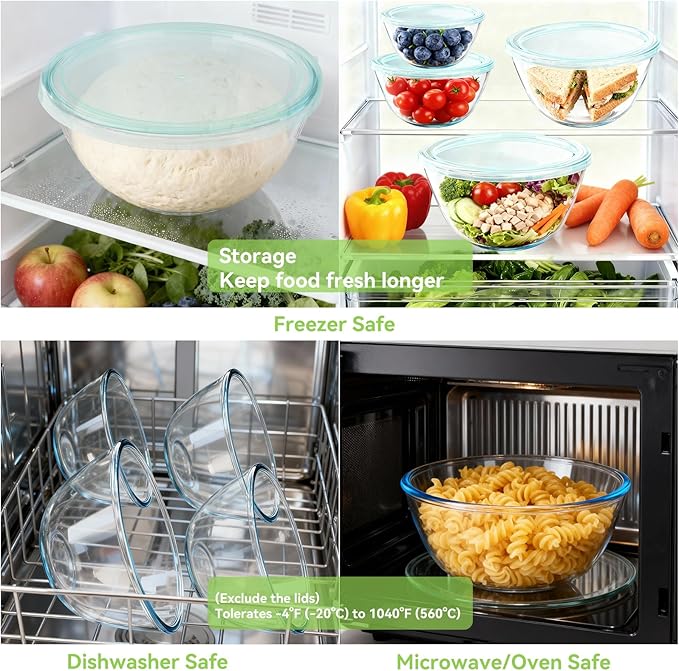 YUANYE 5 Pack Glass Mixing Bowls with Lids Set (5/2.5/1.5/0.9/0.6QT), Thick Glass Large Salad Bowl Set, Nesting Kitchen Bowls for Serving, Prepping, Cooking and Baking, Dishwasher,Oven,Microwave Safe