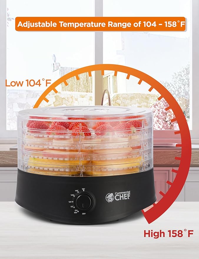 Commercial Chef Food Dehydrator, Five 9.25” BPA-Free Plastic Trays, Dehydrates and Dries Meat, Fruit, Veggies and Jerky, 280W Dehydration Machine, Adjustable Thermostat, CCD100B6, Black