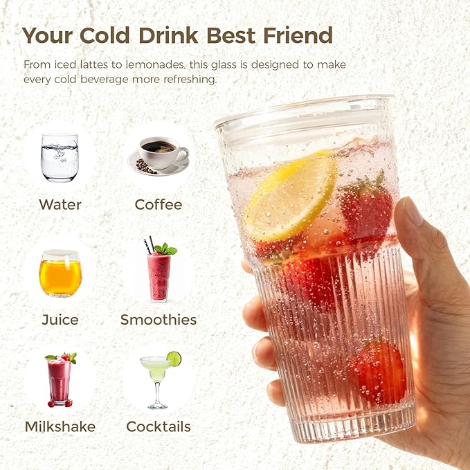 18oz Glass Tumblers with Lids and Straws, Set of 2 - Stylish Vintage Ribbed Design for Iced Coffee, Juice, Smoothies, Milkshakes, Cocktails & More - Perfect for Daily Use