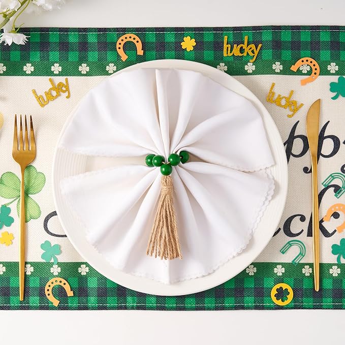 APTWOW Napkin Rings Set of 12, Green Wooden Bead Napkin Rings for Table Decor, St Patricks Day Farmhouse Napkins Rings for Boho Table Decor, Spring Banquet, Wedding, Holiday Dinner Party, Easter