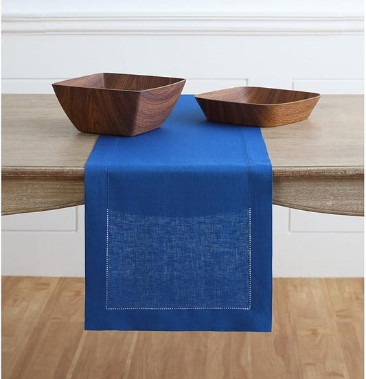 Solino Home Linen Royal Blue Table Runner 132 Inches Long - 100% Pure Linen Extra Long Table Runner 14 x 132 Inch for Spring - Classic Hemstitch