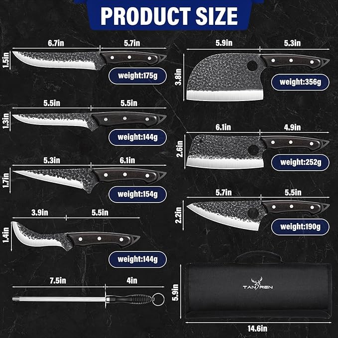 TAN REN Butcher Knife Set for Meat Cutting, 7PCS Professional Serbian Chef Knife Set with Bag, Hand Forged Viking Kitchen Knives, Christmas Gifts for Men