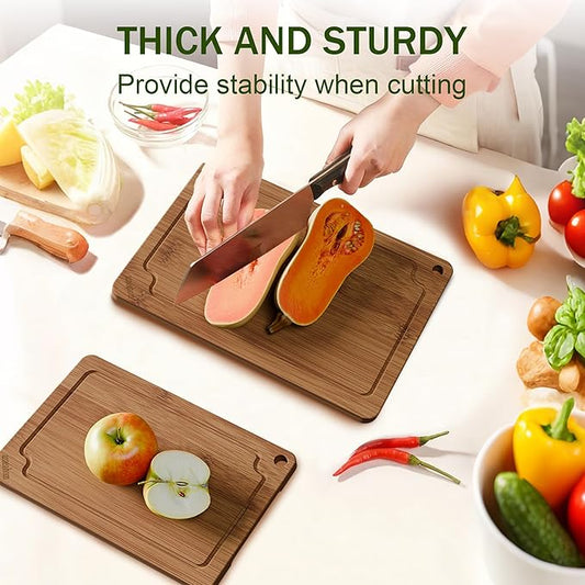 Bamboo Cutting Boards for Kitchen, Wood Cutting Board Set with Juice Grooves & Built-in Handles, Easy Storage & Clean Chopping Board for Meat, Vegetables, Fruit(2 Pcs)