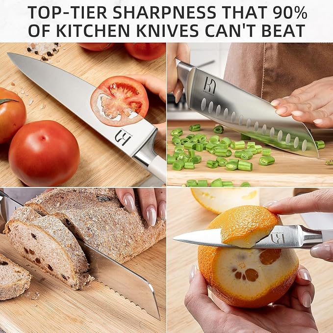 Kitchen Knife Set Premium, Japanese High Carbon Stainless Steel 15 Pcs Enduring Ultra Sharp Knife Block Set with Sharpener and Wood Block, Professional White Chef Knives set for Kitchen