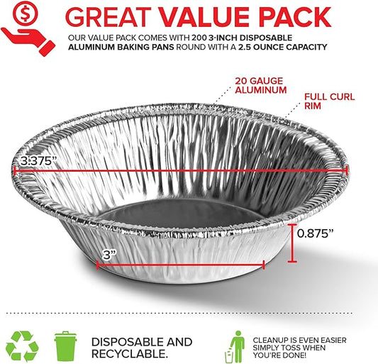 Stock Your Home 3 Inch Aluminum Foil Pie Pans (200 Count) Disposable & Recyclable Mini Pie Pans, Small Pie Tin for Baking, Cafes, and Restaurants, Durable Individual Pie Pan for Fruit Tarts, Quiche