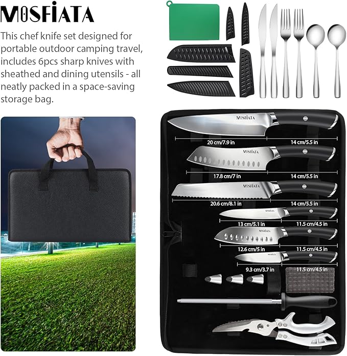 MOSFiATA 19 Pcs Japanese Stainless Steel Knife Sets for with Knife Sharpening Rod, Dishwasher Safe, For Outdoor