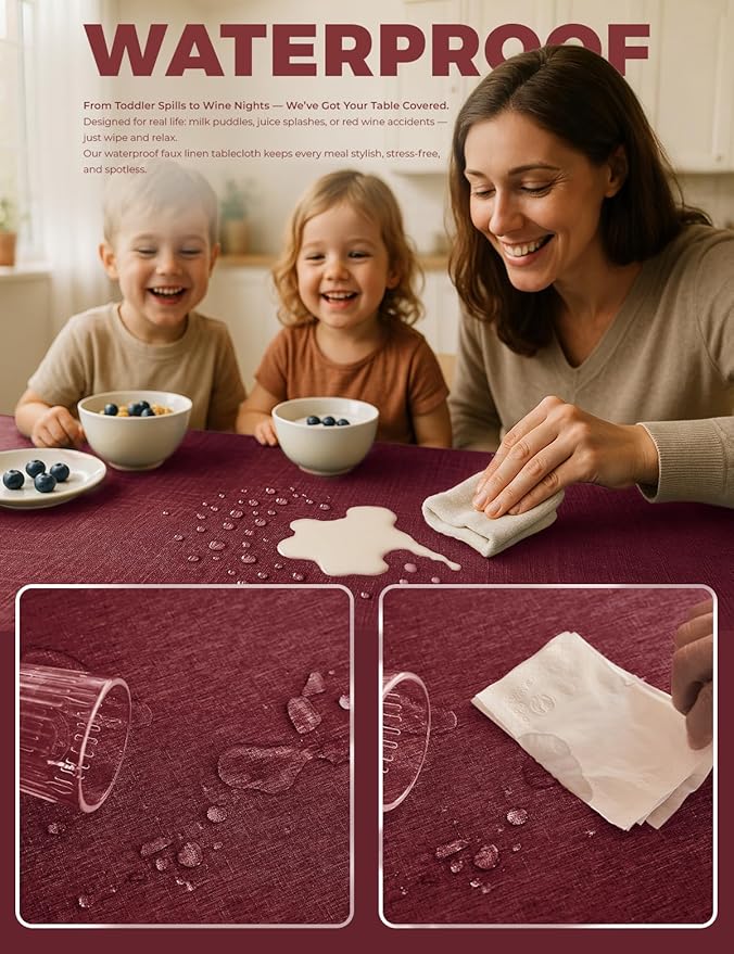 Faux Linen Farmhouse Table Cloth 60"x84" for 4-6 ft Rectangle Table, Burgundy Waterproof Outdoor Washable Cloth Tablecloth for Rectangular Dining Room Kitchen Outdoor Party Restaurant Table