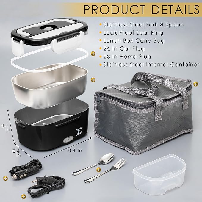 Moss & Stone Electric Lunch Box Food Heater for Adults Black & White Food Warmer Lunch Box, 12/24/110v Lunch Box Warmer Portable For Work/Car/Truck, Fork & Spoon & 1.5L Removable S.S Container