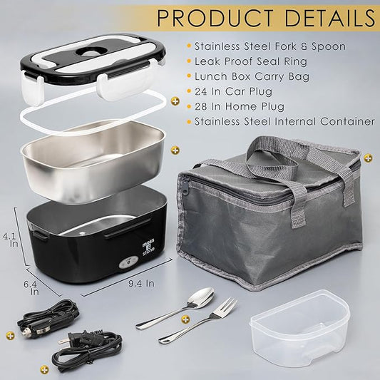 Moss & Stone Electric Lunch Box Food Heater for Adults Black & White Food Warmer Lunch Box, 12/24/110v Lunch Box Warmer Portable For Work/Car/Truck, Fork & Spoon & 1.5L Removable S.S Container