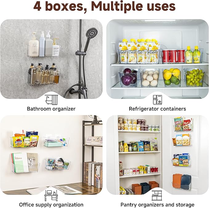 4-Pack Large Cabinet Door Organizer, Wall Mounted Kitchen Cabinet Door Storage, Space Saving, Drain Bottom, Adhesive Clear Plastic Storage Bins for Pantry, Refrigerator, Countertop, Under Sink, rv