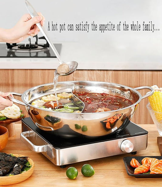 Nonstick Frying Pan Double Flavor Hot Pot Stainless Steel Shabu Hot Pot for Electric Induction Cooktop Gas Stove Kitchen Everything Pot with Glass Lid Stove Pot Uncoated Cookware,34CM