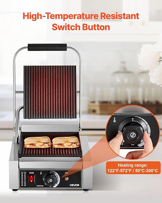 VEVOR Commercial Panini Grill, 1800W Electric Sandwich Panini Maker, Stainless Steel Sandwichs Press Grill with Handle and Temp Control, 8.8x9 in Full Grooved Enamel Plate for Hamburger Steak Bacon