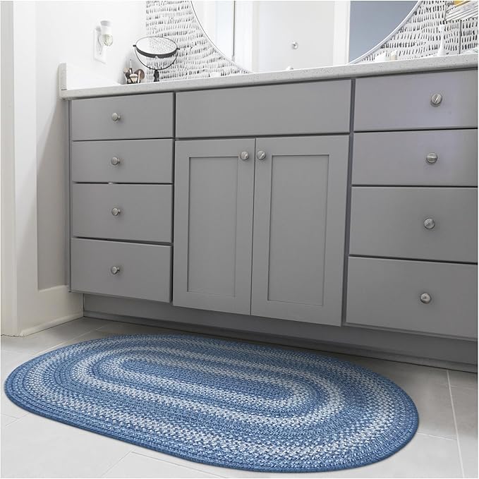 Homespice Denim Blue Oval Braided Rugs 2x3' - Country Oval Bathroom Rugs, Durable, No Shed Jute for Low Maintenance.
