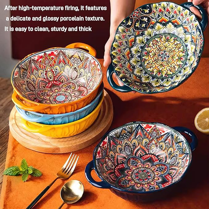 Bohemia Large Bowls with Handle, 40 oz Ceramic Soup Bowl for Salad, Pasta, Cereal,Fruit, Udon, Microwave & Dishwasher Safe (Orange)