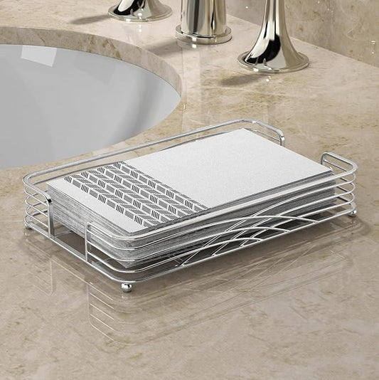 Silver Guest Towel Holder Tray for Bathroom – Countertop Napkin Organizer for Disposable Paper Towels, Elegant Hand Towel Rack for Powder Room, Modern Guest Bathroom Accessories