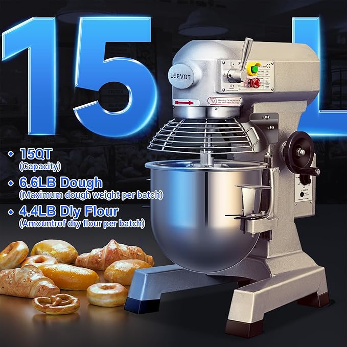 EKway Commercial Food Mixer 15 Qt with Timing Function,600W Commercial mixers 3 Speed Adjustable,Electric Stand Commercial Dough Mixer with Stainless Steel Bowl for Bakery Pizzeria