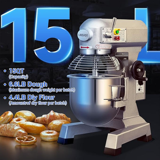 EKway Commercial Food Mixer 15 Qt with Timing Function,600W Commercial mixers 3 Speed Adjustable,Electric Stand Commercial Dough Mixer with Stainless Steel Bowl for Bakery Pizzeria