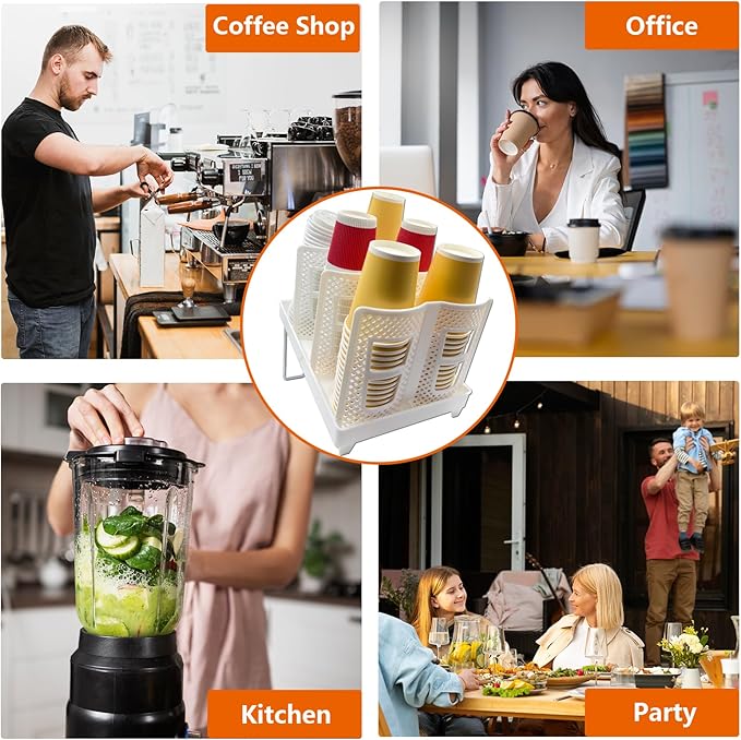 Coffee Cup Organizer Holder, Adjustable Cup and Lid Storage Rack,6 Slots Disposable Paper Cup Dispenser fits 8-22oz,Plastic Cup Stand for Coffee Station Bar Countertop Home Kitchen,White