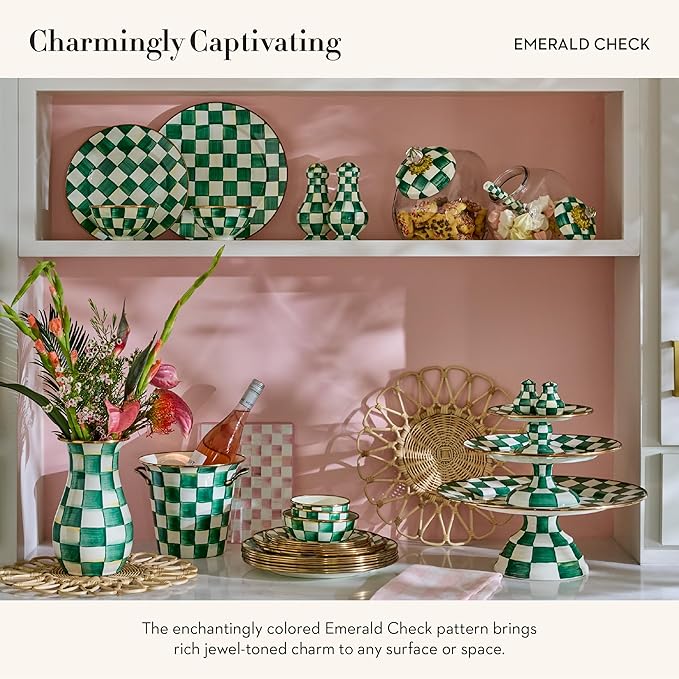 MACKENZIE-CHILDS Enamel Salt and Pepper Shakers, Kitchen Table Spice Shaker Set, Green-and-White Emerald Check, Small