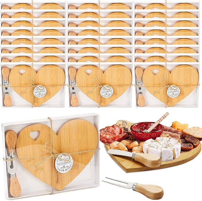 Patelai 24 Set Bridal Shower Favor Heart Cheese Board Cheese Knives Wood Mini Charcuterie Board Thank You Gift Box for Guest Bridal Baby Shower Prize Wedding Birthday Valentines (Bamboo Color)