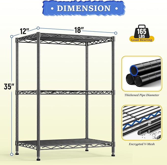 3 Tier Metal Wire Storage Shelves,Adjustable Small Wire Shelving Unit,Utility Storage Rack for Kitchen,Bedroom,Laundry Room,Pantry & Office,17.7”Wx11.8”Dx35.4”H,Black