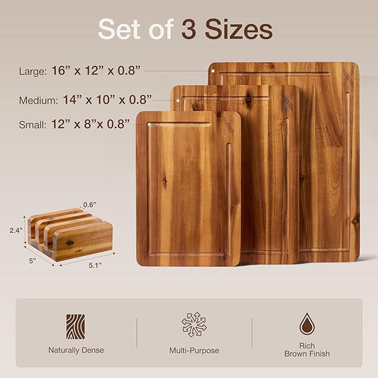Acacia Wood Cutting Board Set of 3 (16 x 12/14 x 10/12 x 8), Natural - 0.8 in Extra Thick Wooden Chopping Boards with Deep Juice Grooves - Non-Slip, Non-Toxic & Durable Boards for Meat & Vegetables