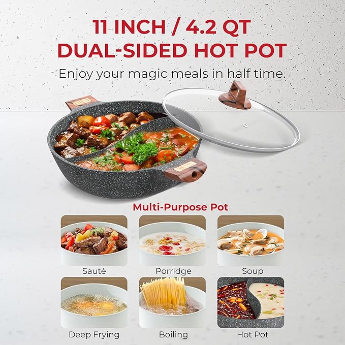 Rosewill 4.2QT Double Flavor Non-Sticking Shabu Shabu Hot Pot with Divider, 13 inch Divided Stockpot for Cooking, Hot Pot for Induction Cooktop & Gas Stove, Electric Burner - Dark Gray
