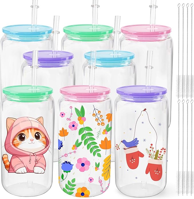 Joyclub 8 Pack Clear Sublimation Glass Cups Blanks 16 OZ Borosilicate Can Glass Tumblers with Acrylic Lids for Beer, Juice, Soda, Iced Coffee