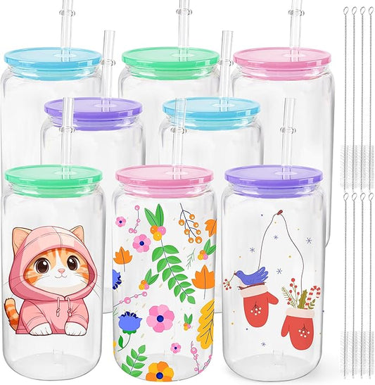 Joyclub 8 Pack Clear Sublimation Glass Cups Blanks 16 OZ Borosilicate Can Glass Tumblers with Acrylic Lids for Beer, Juice, Soda, Iced Coffee