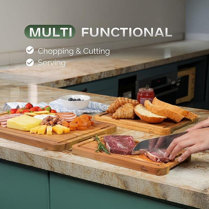 Howizz Acacia Wood Cutting Board, Set Of 3 Edge Grain Solid Wood Butcher Block For Kitchen Meal Prep & Serving, Chopping Boards Deep Juice Groove & Built-In Handles, Gift for Home, Gift-Ready Box