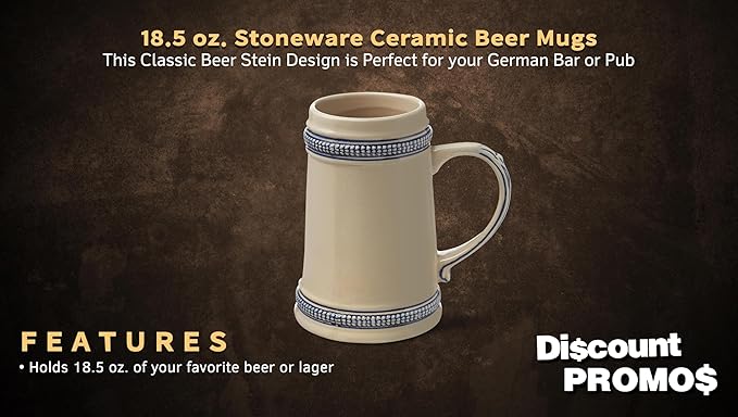DISCOUNT PROMOS Ceramic German Beer Steins 18.5 oz. Set of 6, Bulk Pack - Restaurant Barware, Great for Oktoberfest, Wedding, Party, Birthday, Events - Blue