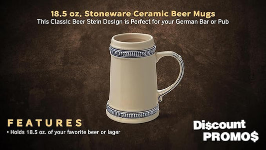 DISCOUNT PROMOS Ceramic German Beer Steins 18.5 oz. Set of 6, Bulk Pack - Restaurant Barware, Great for Oktoberfest, Wedding, Party, Birthday, Events - Blue