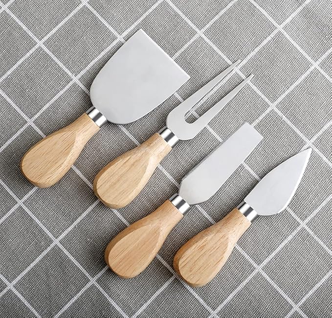 Charcuterie Accessories, 4 PCS Cheese Knives Set with Wood Handle, Stainless Steel Cheese Slicer/Cheese Cutter (Cheese Knife, Shaver, Fork and Spreader) for Charcuterie Board Accessories