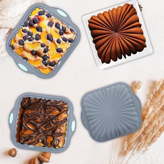 3-Piece Silicone Square Cake Pan Set, Metal-Frame Non-Stick Baking Trays, Jelly Molds, Non-Stick Grooved Cake Molds, Suitable for Breads, Meat Patties, Cakes, 5/7/9 Cups, Light Gray