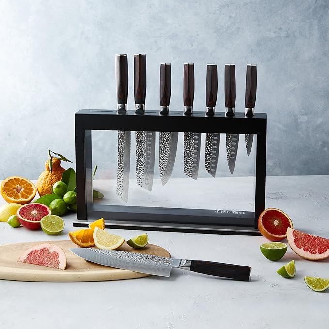 Cuisine::pro Damashiro Emperor Knife Block (Hisa, 9 Piece Set) Premium Japanese Steel Chef Knife Set with Tempered Glass Display, Hammered Tsuchime Blade, Damascus-Inspired Pattern